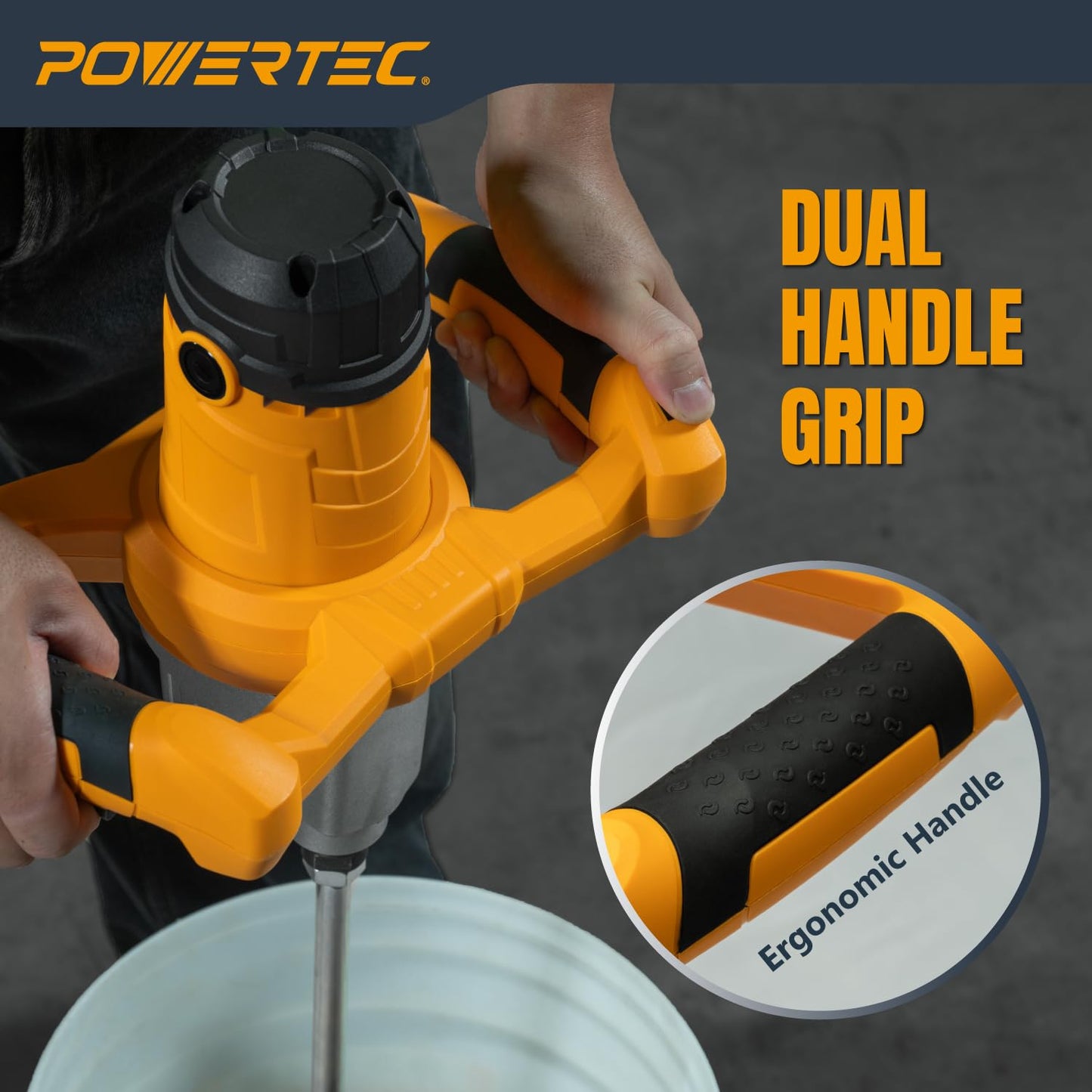 POWERTEC Electric Mortar Mixer – 13AMP/1600W Dual Handheld Cement Mixer with 2-Speed Control, 3-Blade Spiral Paddle & Accessories – Ideal for Mortar, Concrete, Epoxy & Paint (MR1680)