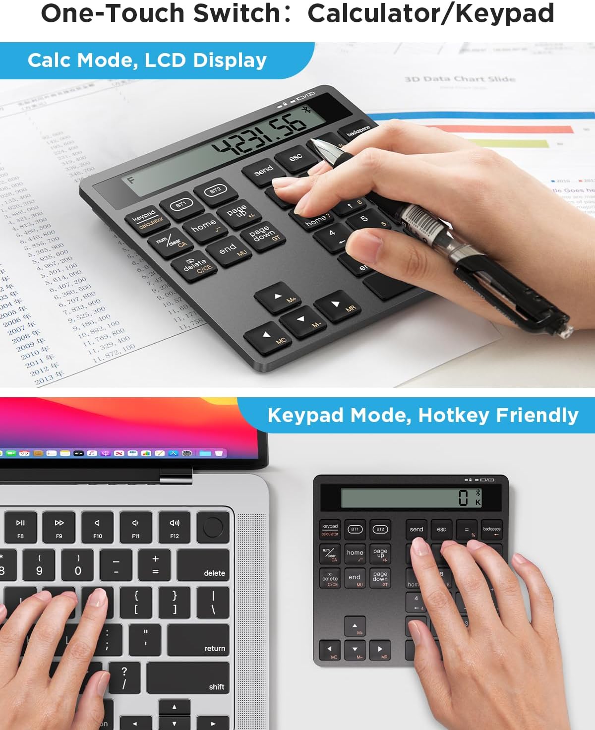 YoFeW 34 2-in-1 Rechargeable Wireless Number Pad for Laptop, Keys Numeric Keypad with Dual Bluetooth & Display, Numpad