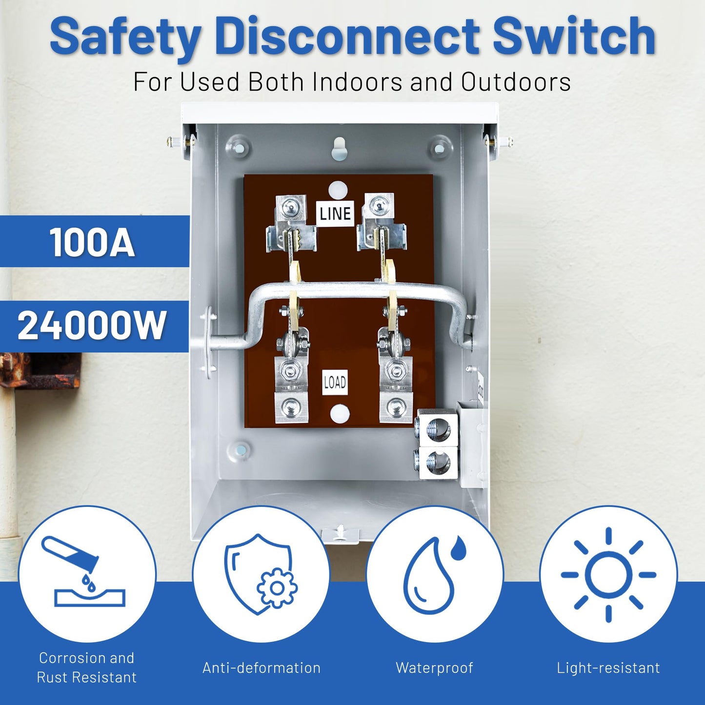 100-Amp, 2 Pole 120V/240V General Safety Switch, Non-Fused AC Disconnect Switch Box, Outdoor&Indoor, NEMA-3R Enclosure, Anti Corrosion and Rust Prevention with Ground Kit (100A)