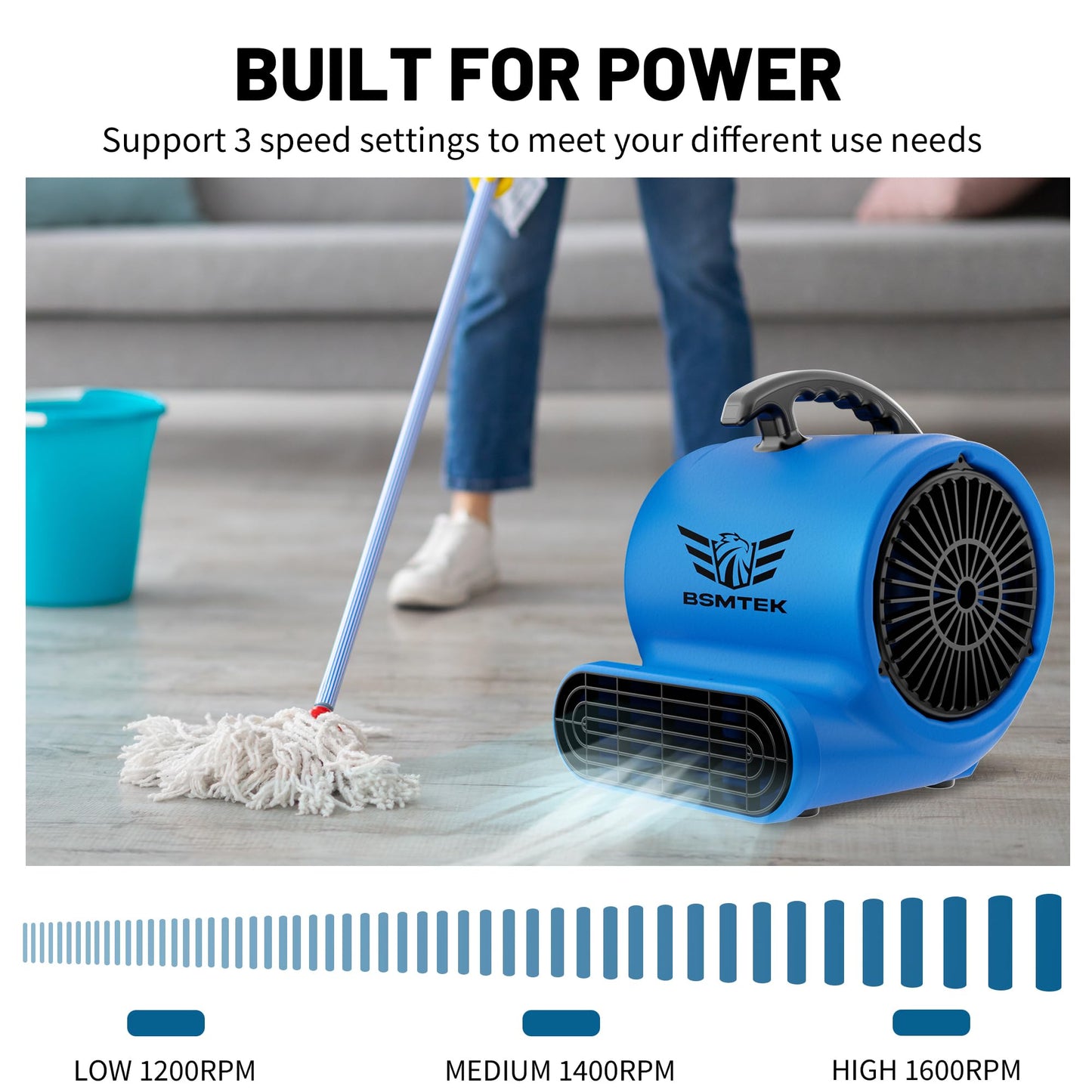 BSMTEK Air Mover Blower Fan, Industrial 1/3HP 1200CFM Monster Floor Blower Carpet Dryers - 3 Speeds Switch, 4 Adjustable Angles, 15FT Long Cord, Stackable - 2026 Upgraded