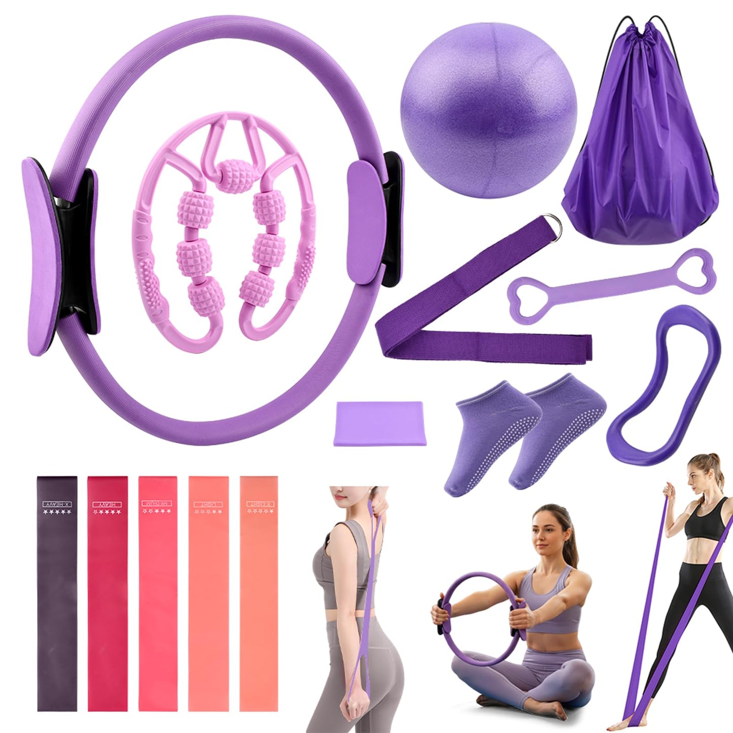 Quivorant Pilates Equipment Kit for Home Workout - 10-Piece Set with Pilates Ring, Mini Exercise Ball, 5 Resistance Bands, Core Sliders & Grip Socks - Full Body Toning Fitness Starter Kit with Bag
