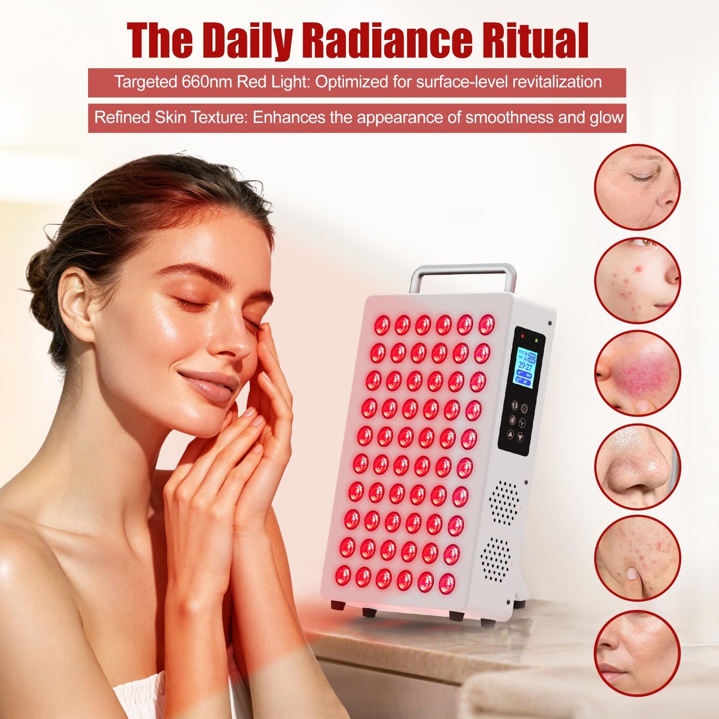 Red Light Therapy Panel for Body & Face – 660nm Red + 850nm Near Infrared Light, Adjustable Intensity & Pulsing, Quiet Cooling, Stand & Door Mount for Active Restoration & Skin Wellness