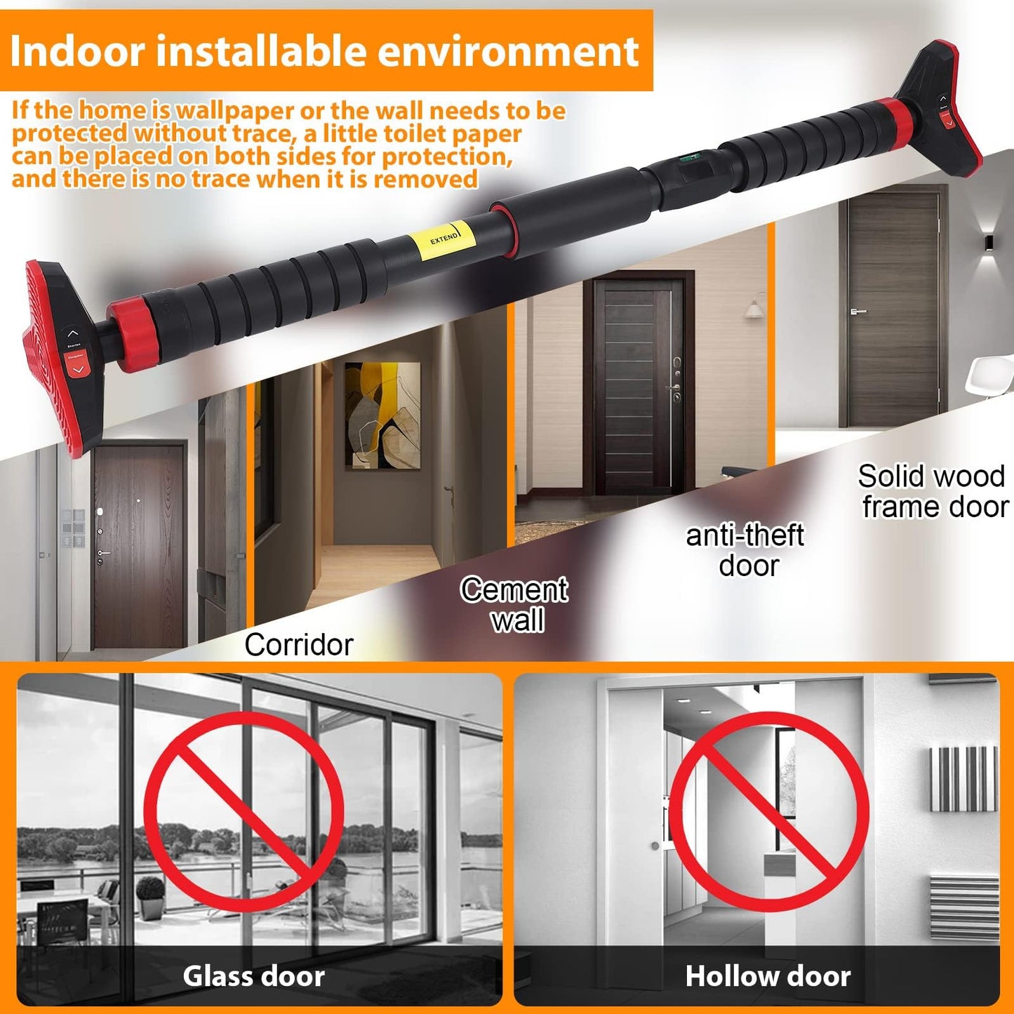 Adjustable Pull Up Bar for Doorway - 440LBS Weight Capacity, No Screws Installation with Level Meter and Auto Lock, Chin Up Bar for Home Gym Strength Training,Red Triple