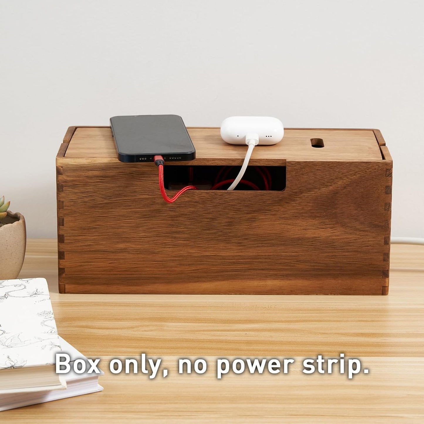 LiTY Acacia Wood Cable Management Box, Wooden Cord Hider & Organizer for Power Strip, Electrical Hiding, TV Wires, Desk