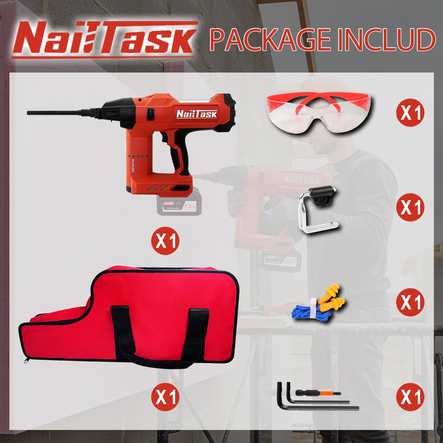 NailTask 20V Insulation Fastening Nailer Cordless Electric Nail Gun Brushless Motor Nailer Tool (Without Battery) for Rock Wool Insulation Materials with Protective Goggless