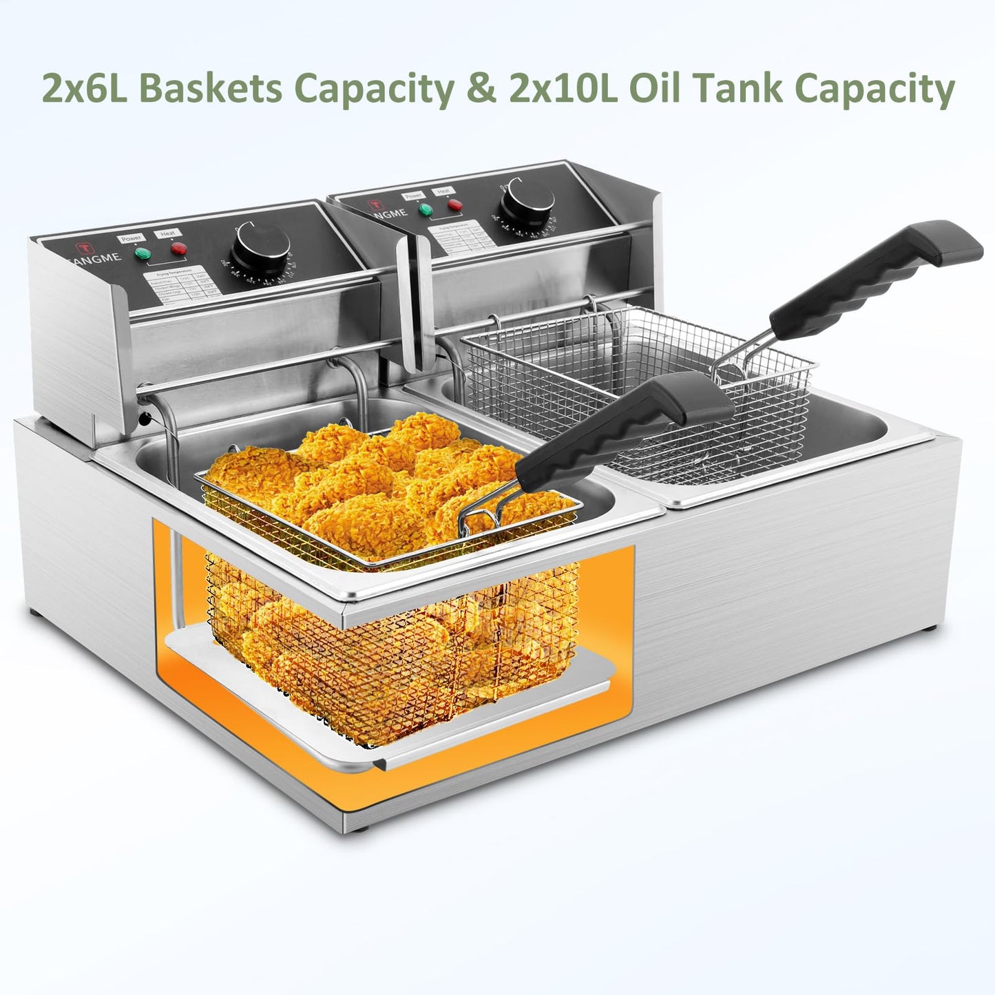 Commercial Deep Fryer, 3400W Electric Deep Fryers with 2x6.35QT Baskets Thickened Stainless Steel Countertop Oil Fryer 20.7QT Large Capacity with Lids Temperature Controller (12L)