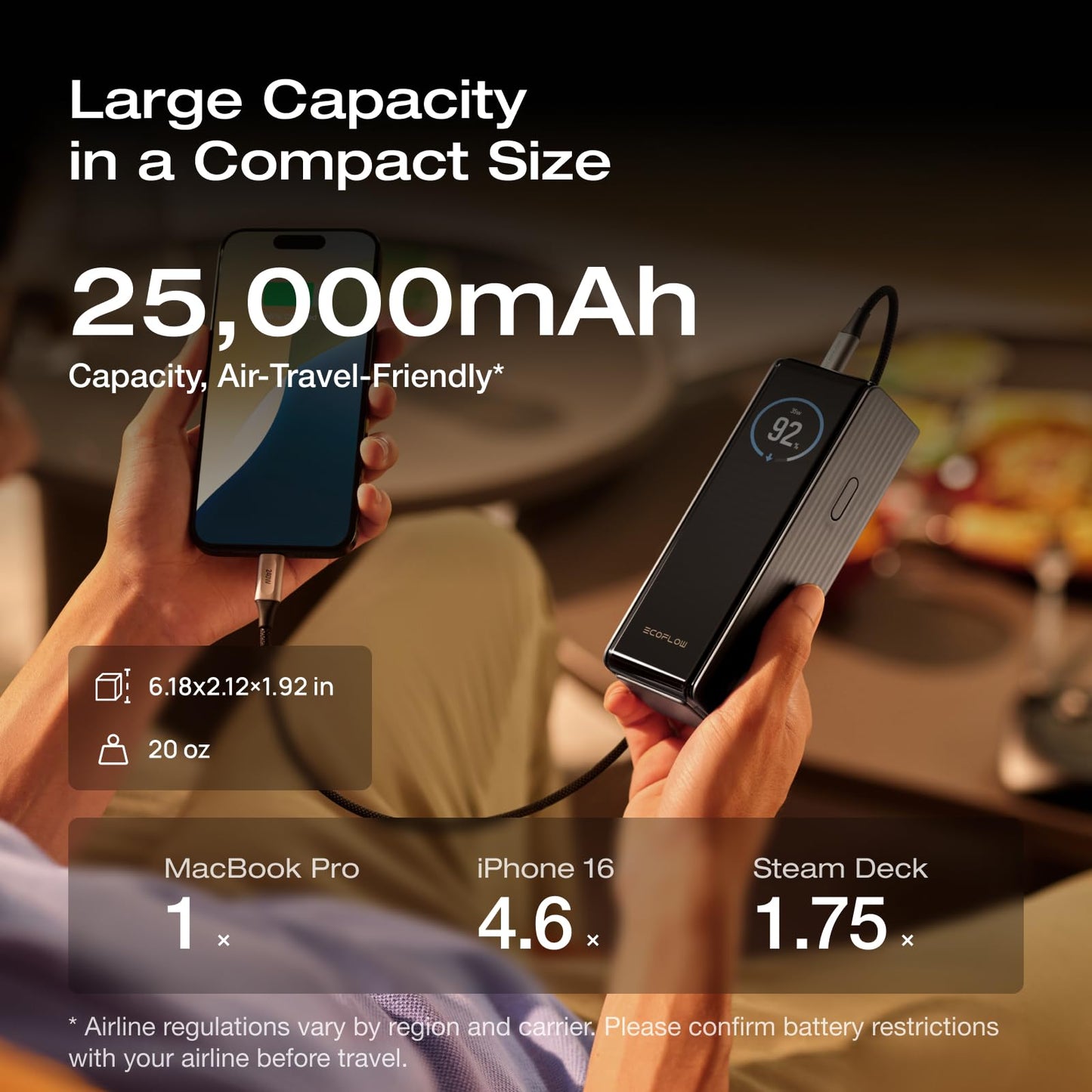EF ECOFLOW Laptop Power Bank, 25,000mAh 170W Portable Charger with Dual 140W USB-C Ports, Smart Display, Flight-Approved for Travel, Fast Charging for iPhone 17/16 Series, MacBook, Samsung and More