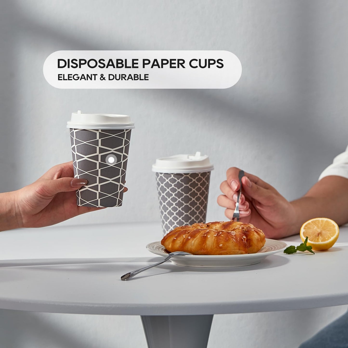 JOLLY PARTY Disposable Coffee Cups with Lids -12 oz (100 Sets) To Go Cups, Paper Coffee Cups for Beverages Espresso Tea, Suitable for Cafes, Offices and Home