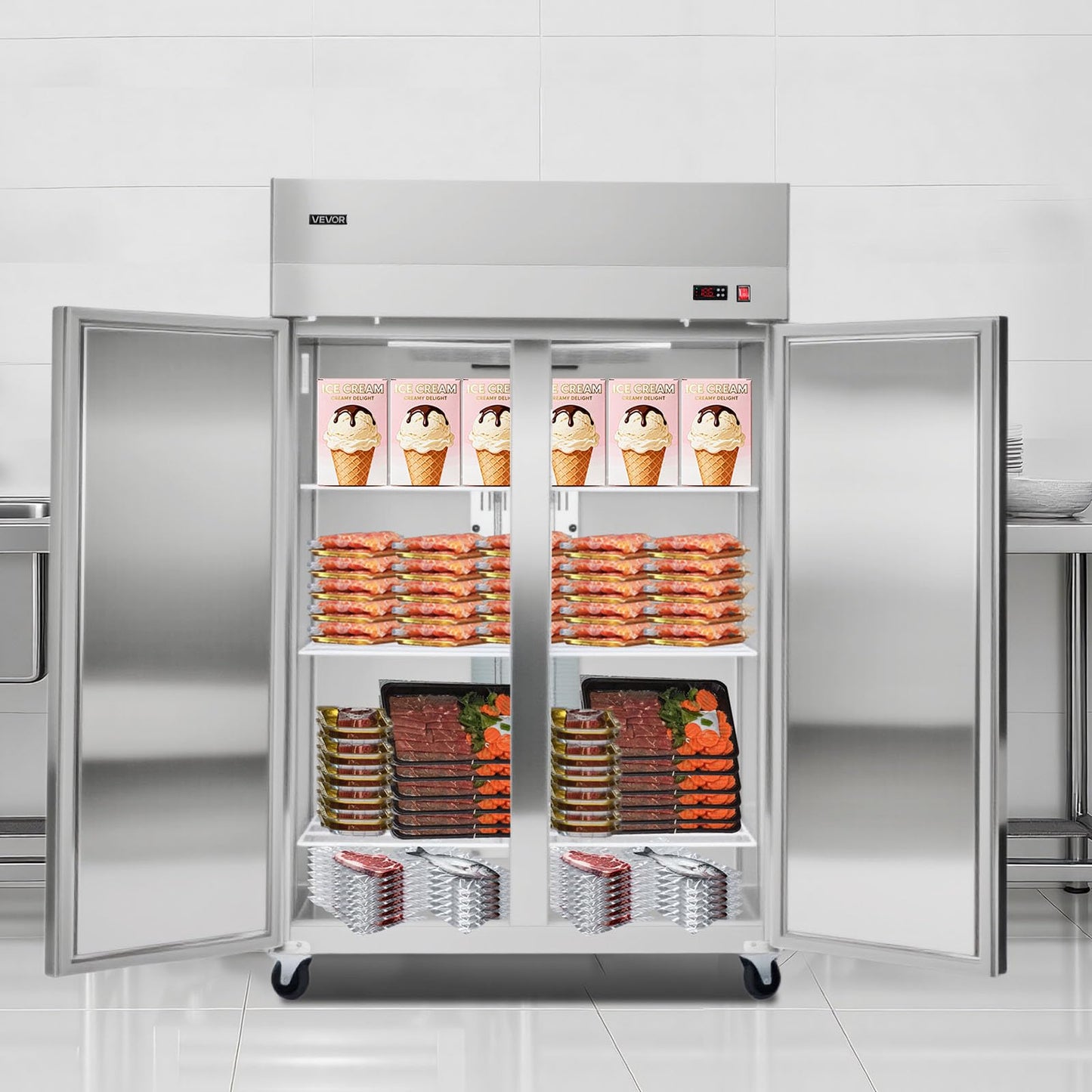 VEVOR Commercial Reach-In Freezer 48" W, 33 Cu.Ft Stainless Steel Upright Freezer with Double Glass Doors, Auto-Defrost, 6 Adjustable Shelves, -11 to 14℉ Temp Control, UL Certified
