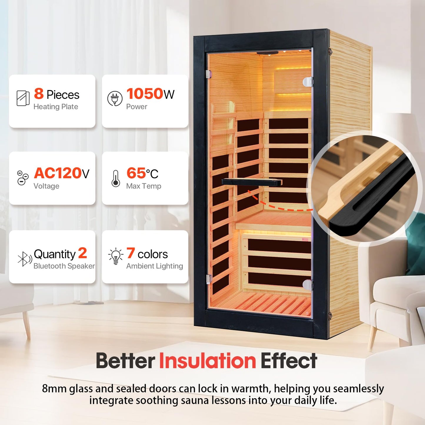 OUTEXER Sauna One Person Infrared Saunas Room Chilean Pine Wood 1050W Dry Saunas Spa with 7 Color Starry Sky Light Oxygen Bar Cup Holder 30.7x30.7x62.2inch