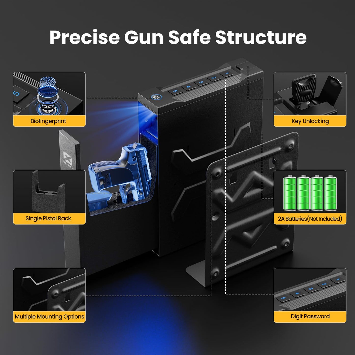 XDeer Biometric Gun Safe for Handgun, Slider Bedside Handgun Safe, 0.1s Quick Access Pistol for Nightstand, Bedside,Desk with Fingerprint, PIN Code, KEY Access 1PCS