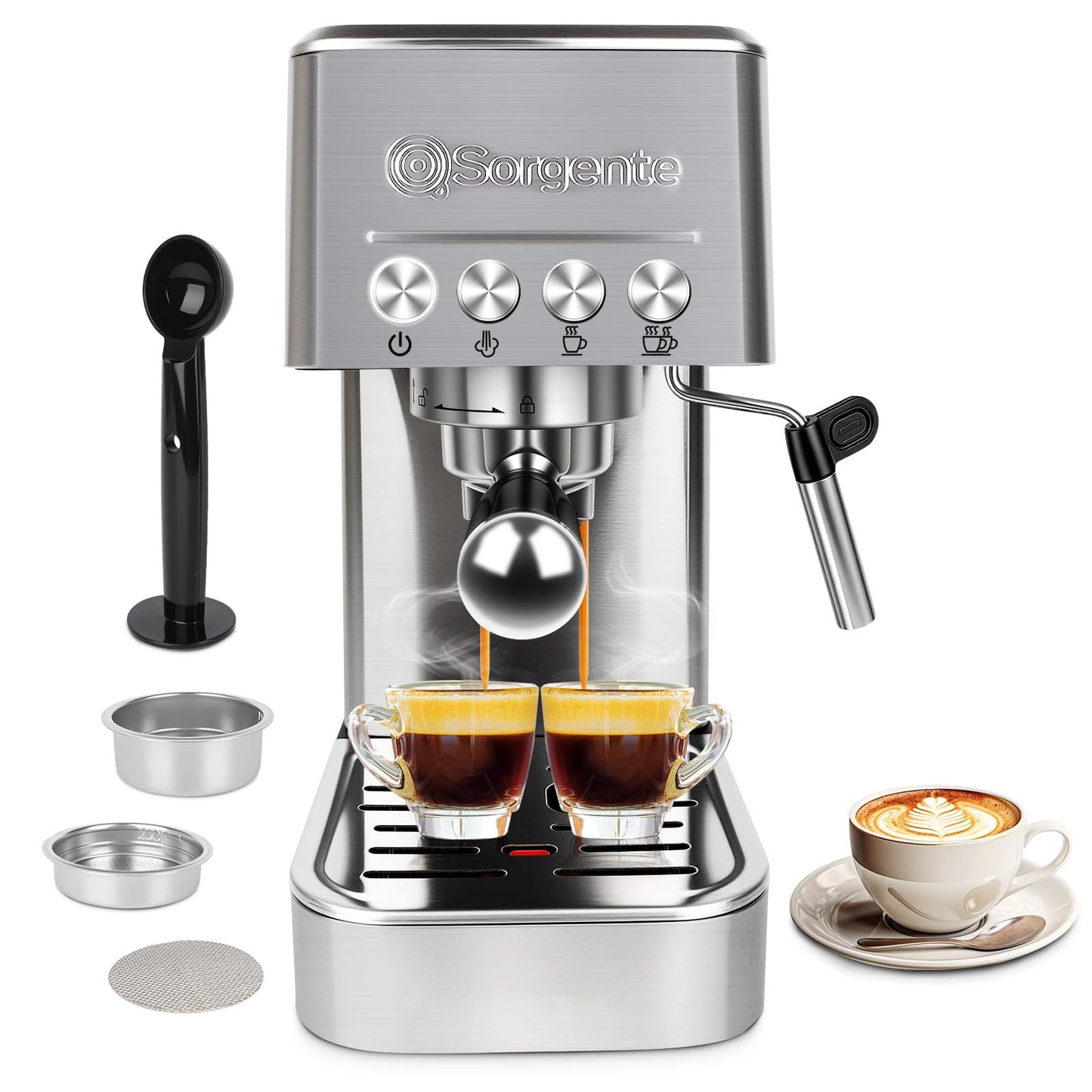 Sorgente Espresso Machine 20 Bar, Stainless Steel Coffee Maker with Milk Frother, 1350W with Fast-Heating System, Innovative Coffee Grounds Filter, Espresso Machines for Home Barista