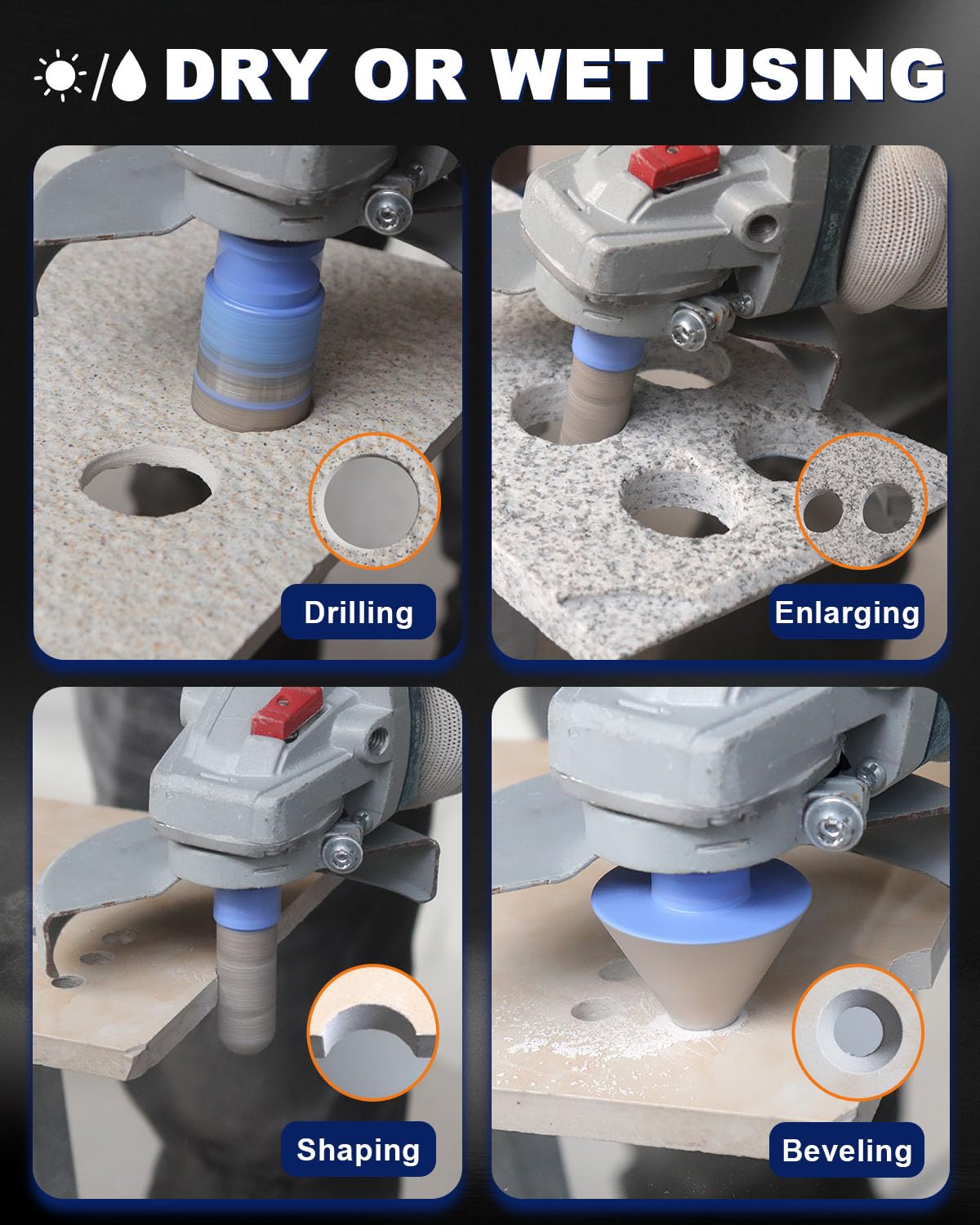 Diamond Tile Hole Saw Kit - Drill Bits 12Pcs 1/4'' X 2, 5/16'', 4/5'', 1-3/8'', 2'', 2-1/2'', 4'', 4/5'' Finger Bit, 2'' Beveling Chamfer Bit, 2pcs Adapters for Porcelain Tile Ceramic Granite Marble