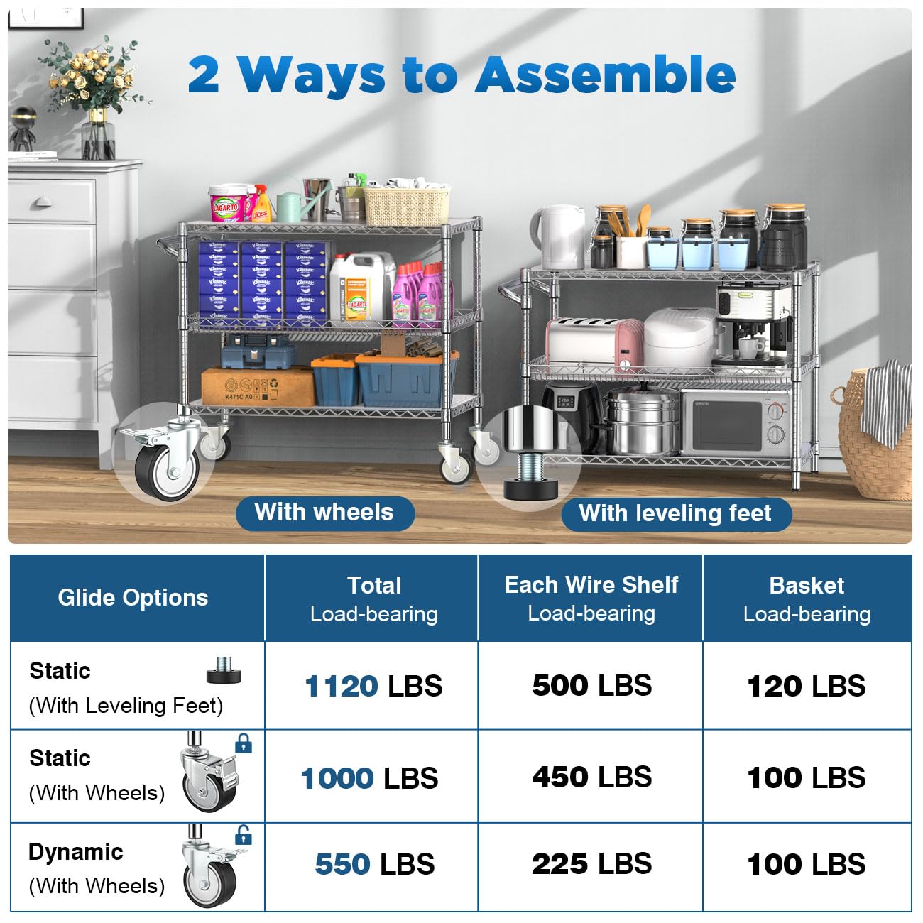 Leteuke Heavy Duty Rolling Utility Cart, 45 Inch Kitchen Carts with Wheels, NSF Commercial Grade with Handle & Shelf Liners, 1120LBS Storage Cart for Kitchen,Restaurant,Plant Display-Chrome
