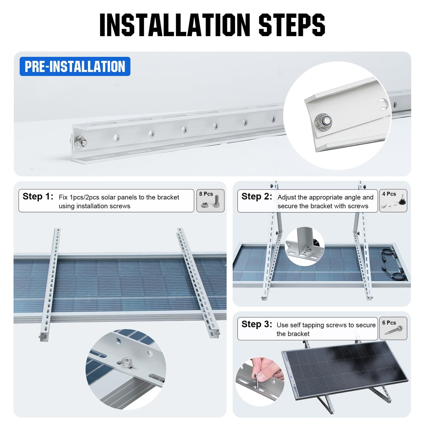 ECO-WORTHY 2 Sets 45inch Solar Panel Mount Brackets Adjustable Tilt Mount Brackets, Suitable for 2-4pcs 100 200 300 400 Watt Solar Panel for Roof, RV, Boat, and Off-Grid