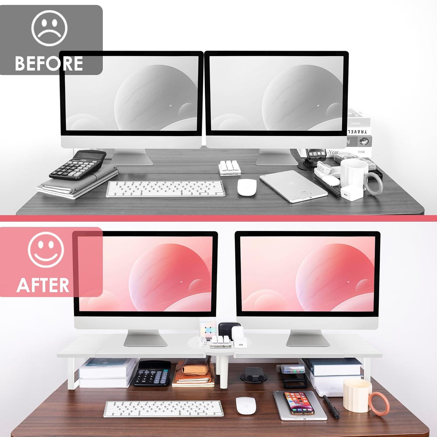 2 Across-Star Dual-Monitor Stand for Desk - Large Adjustable Length and Angle Riser for Monitors, Double Computer