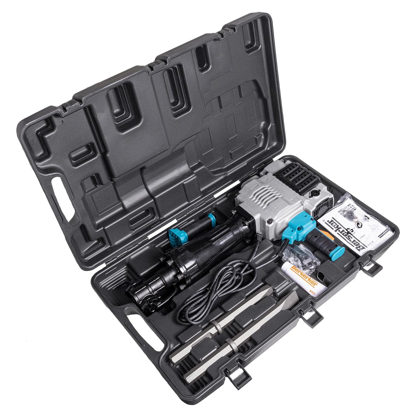 Berserker 55-Pound 1-1/8" Hex Shank Breaker Hammer, 2100W 17-Amp Heavy Duty Concrete/Pavement Demolition Jack Hammer with Carrying Case Flat Chisel & 2 Bull Point Chisel