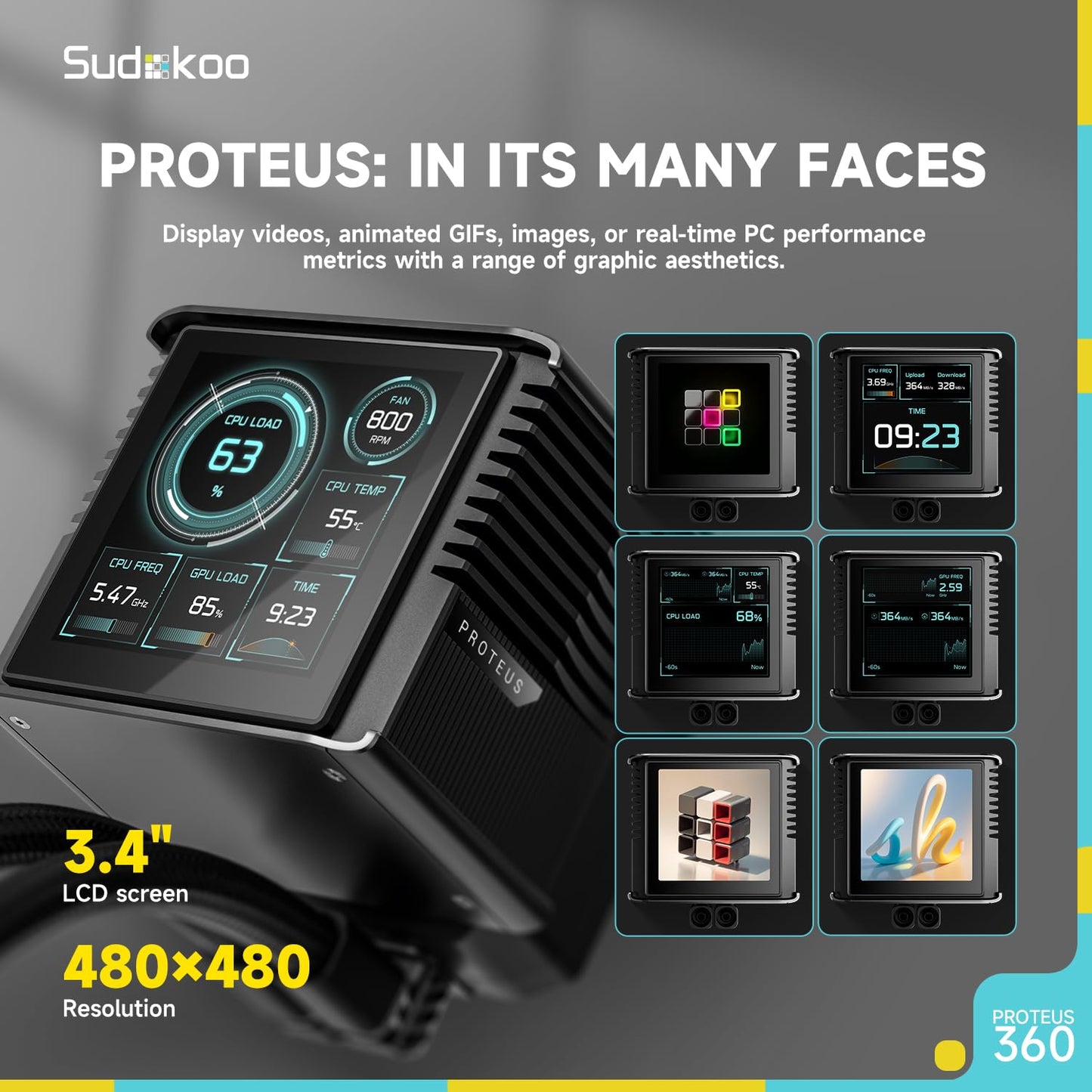 Sudokoo Proteus 360 Liquid CPU Cooler: 360mm AIO LCD CPU Cooler with Customizable 3.4" Digital Display - Water Cooling with 30mm Thick Fans for Intel LGA 1851/1700/1200/115X AMD AM5/AM4