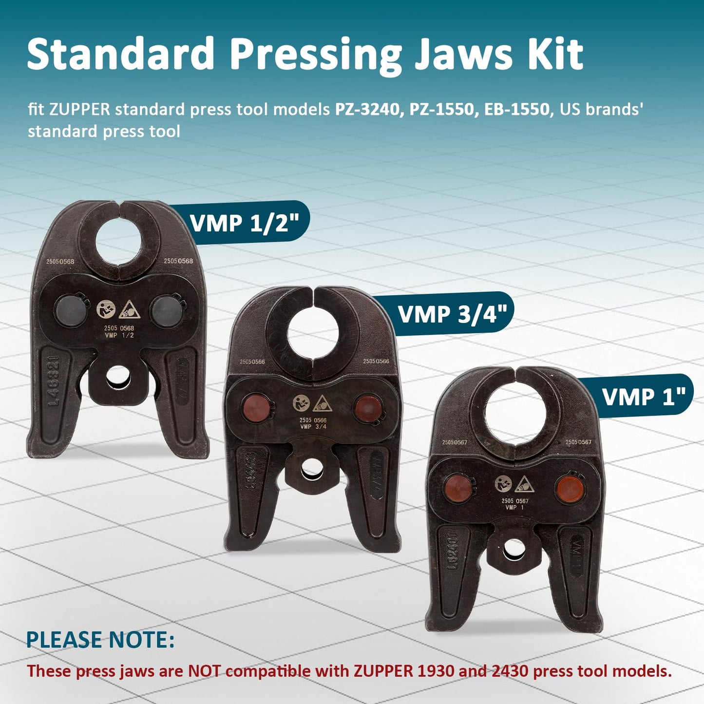 ZUPPER 3PCS Press Jaws Kit with 1/2" to 1" for Carbon Steel Pipes Compatible with Standard Press Tools Hydraulic Pressing Tools