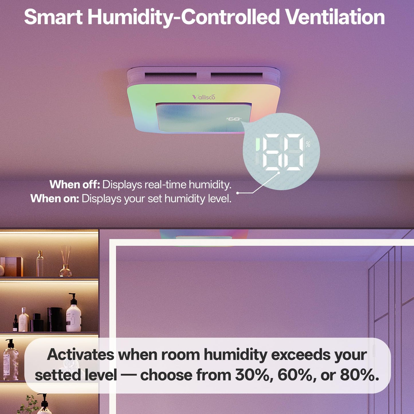 VallisCo Bathroom Exhaust Fan with Light, Odor & Humidity Sensors, 230 CFM Quiet Bathroom Ceiling Fan with Remote, Timer, 3 Dynamic RGB Lights, 2700K–6500K Dimmable, Wall/Ceiling Mount (Ocean Mist)