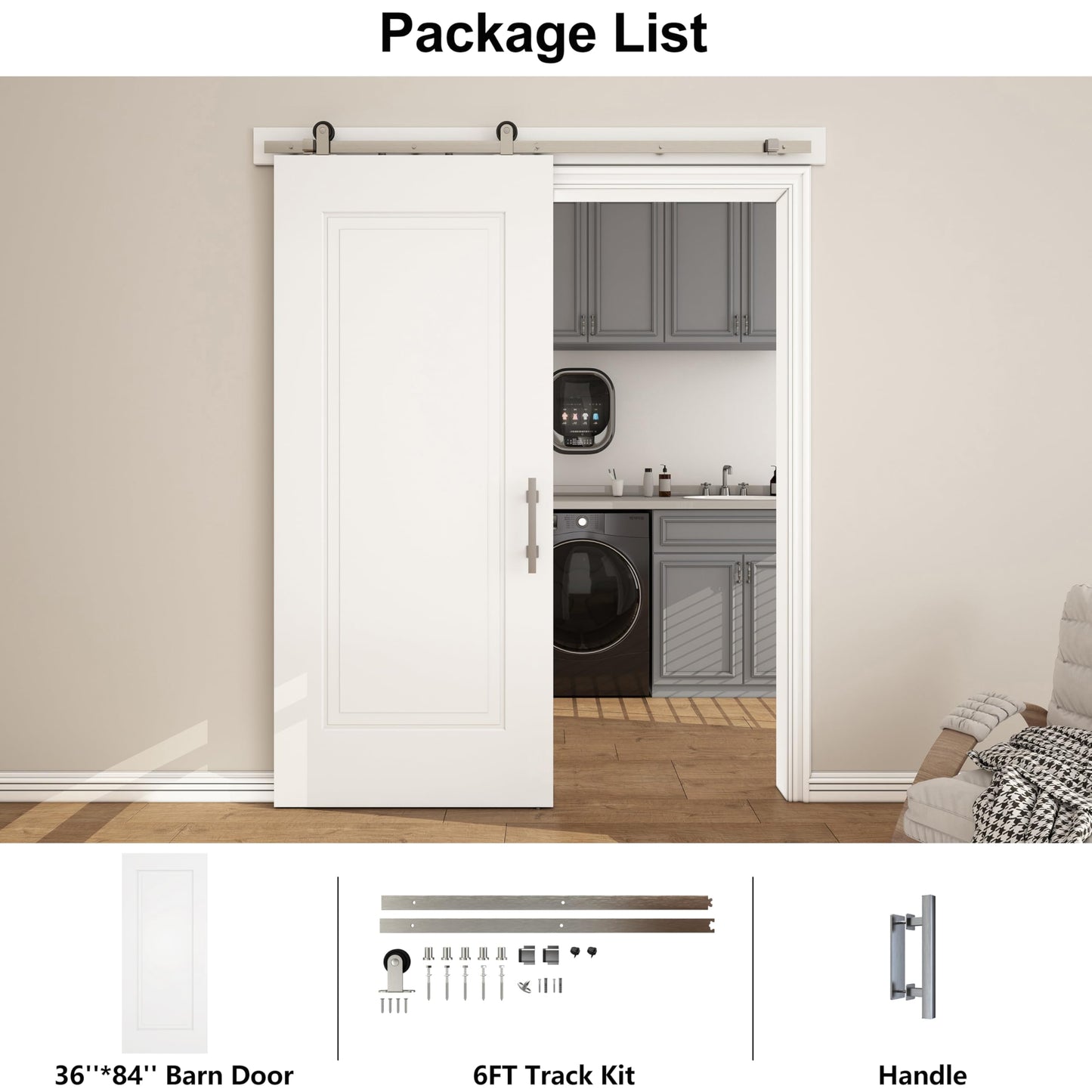 JUBEST 36''x84'' Sliding Barn Door, 1 Panel with 2 Steps White Primed Sliding Closet Door with Satin Nickel 6FT Hardware Kit, Hollow Core Interior Door, Pre-Assembled Panels, Durable & Sturdy