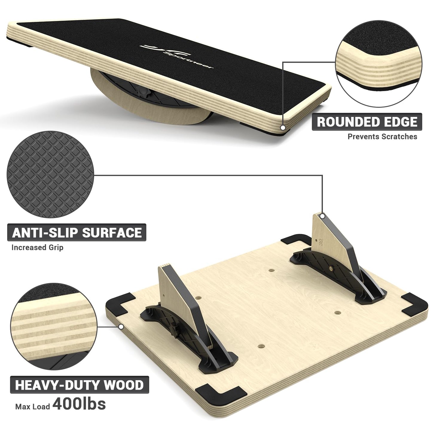 Sportneer 2-in-1 Balance Board – Adjustable Wobble & Slant Board for Core Strength, Stretching, Rehab, Standing Desk, Home Gym Workout