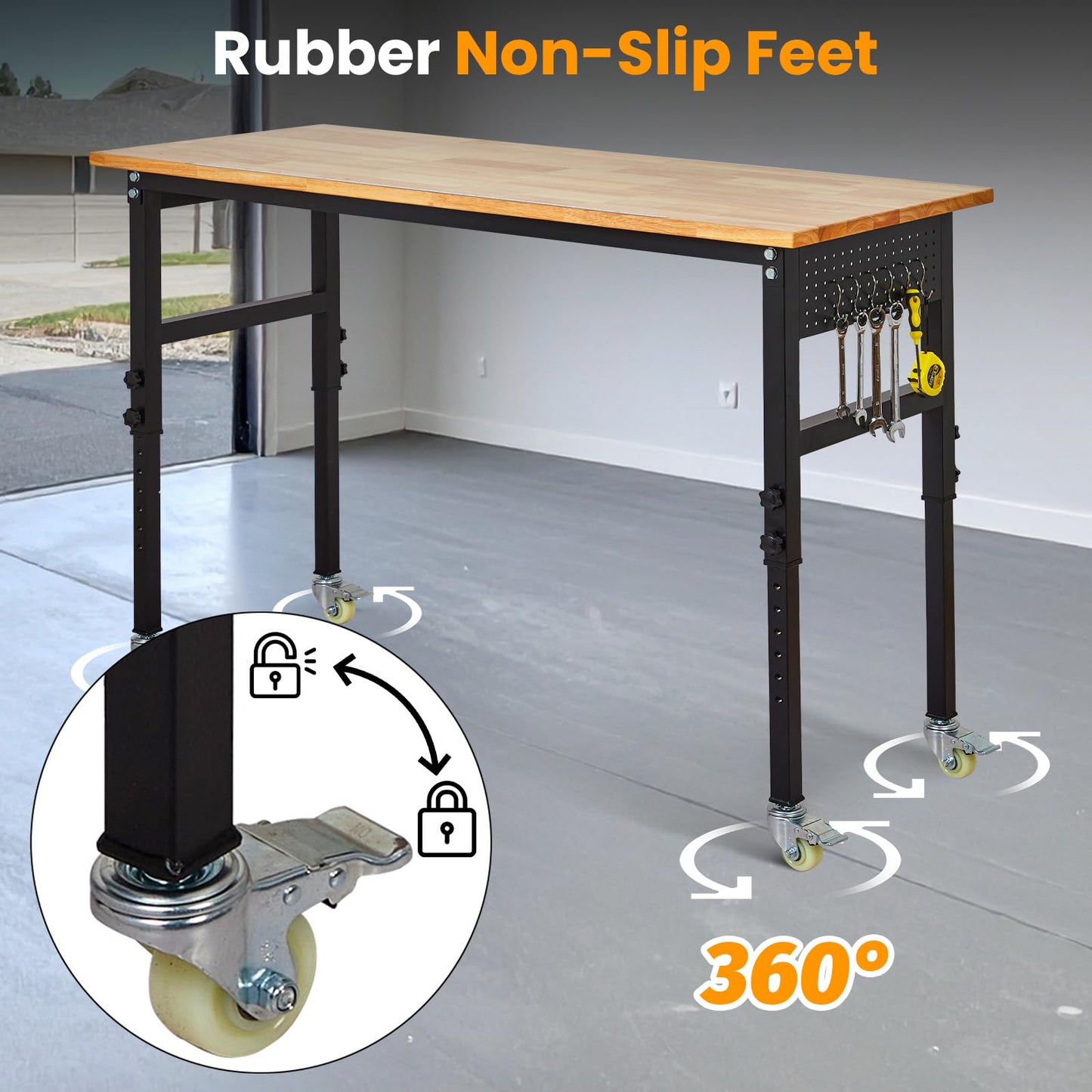 48" Adjustable Workbench, 8-Level Height Adjustable Rolling Work Table with Casters & Scale, Sit & Stand 2-in-1 Garage Tool Table with Pegboard & Hooks, for Workshop, Warehouse, DIY Projects