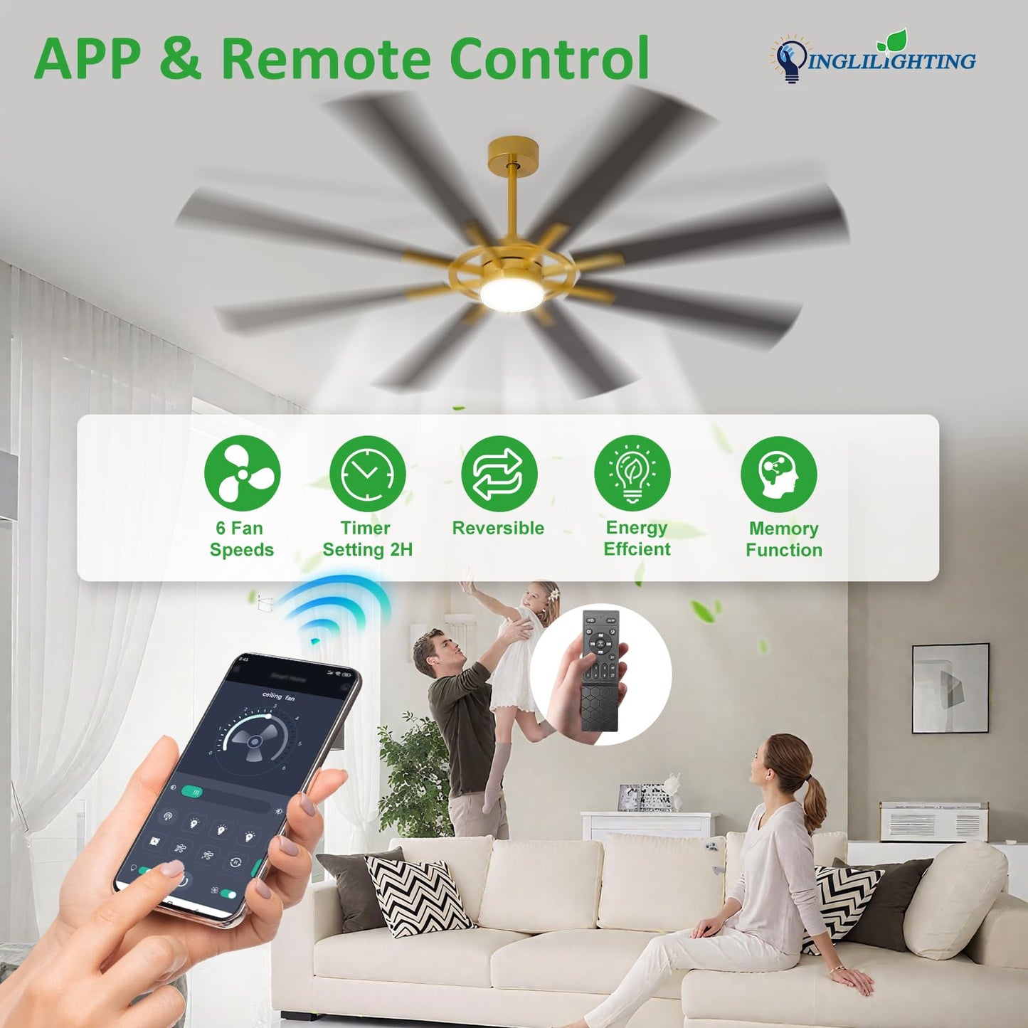 DLLT 72-Inch Ceiling Fan with Light: Farmhouse 8-Blade Bronze Black Indoor Outdoor Fans with Remote App Control Dimmable Light - Ultra Quiet DC Motor Reversible 6 Speed Timer