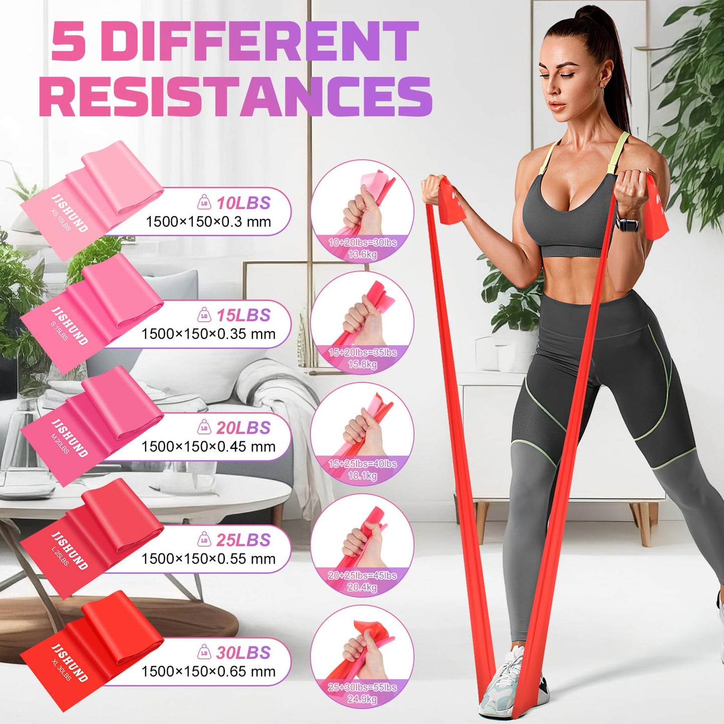 Resistance Bands, 5 Pcs Exercise Bands Elastic Stretch Bands for Fitness Yoga Pilates Stretching Strength Training, Workout Bands for Women and Men Home Gym