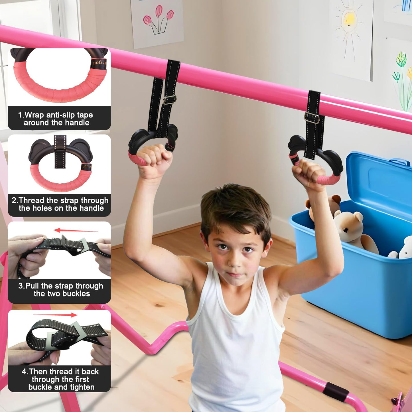 QILEBA Gymnastics Bar for Kids, Adjustable Height Gymnastic Horizontal Bars, Folding Gymnastic Junior Training Monkey Bars Equipment for Home Indoor/Outdoor Using, Pink