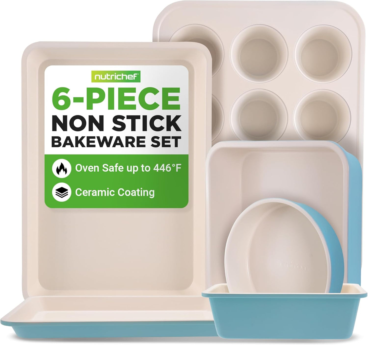 NutriChef 6-Piece Baking Pan Set - Carbon Steel Bakeware with Nonstick Coating | Includes Muffin, Cake, Loaf, & Cookie Pans - Turquoise