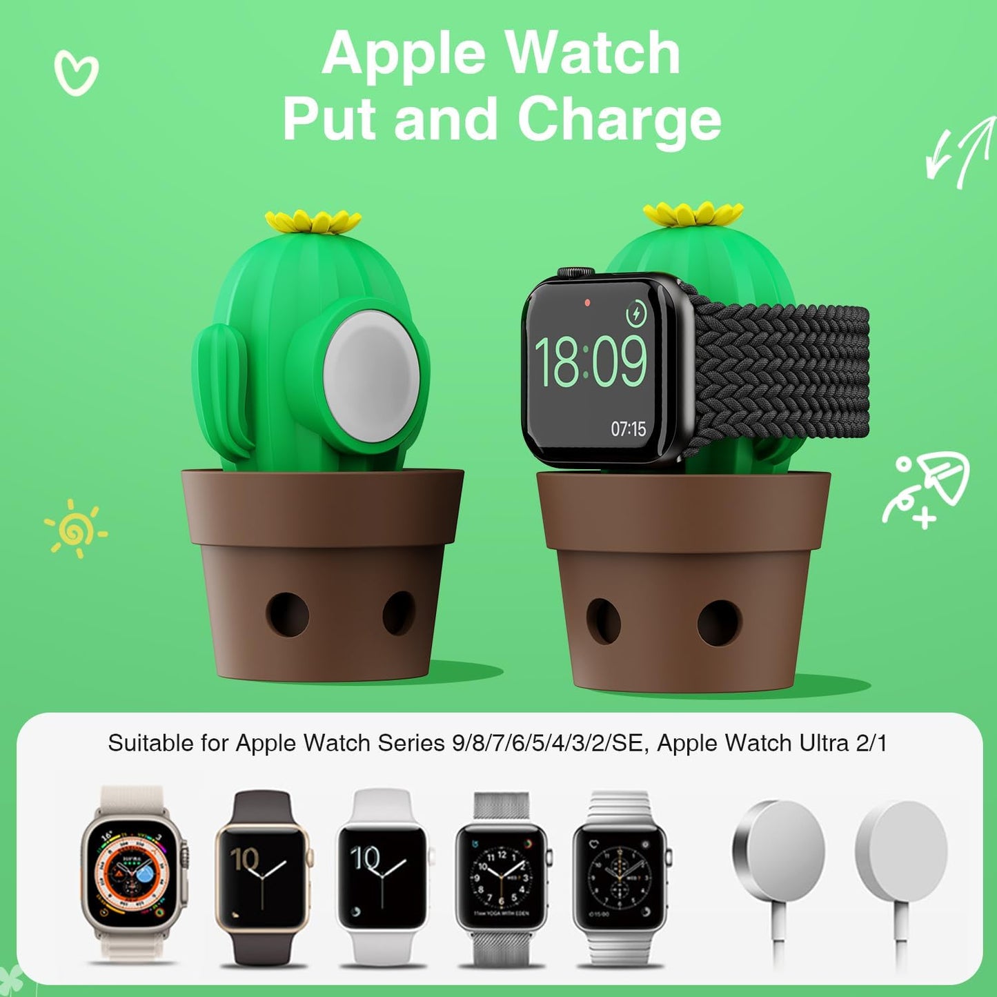 BRIMFORD Ultra/9/8/7/6/SE/5/4/3/2/1(45mm-38mm), Ultra/7/6/5, Cactus Charger Stand Compatible with Apple Watch Series