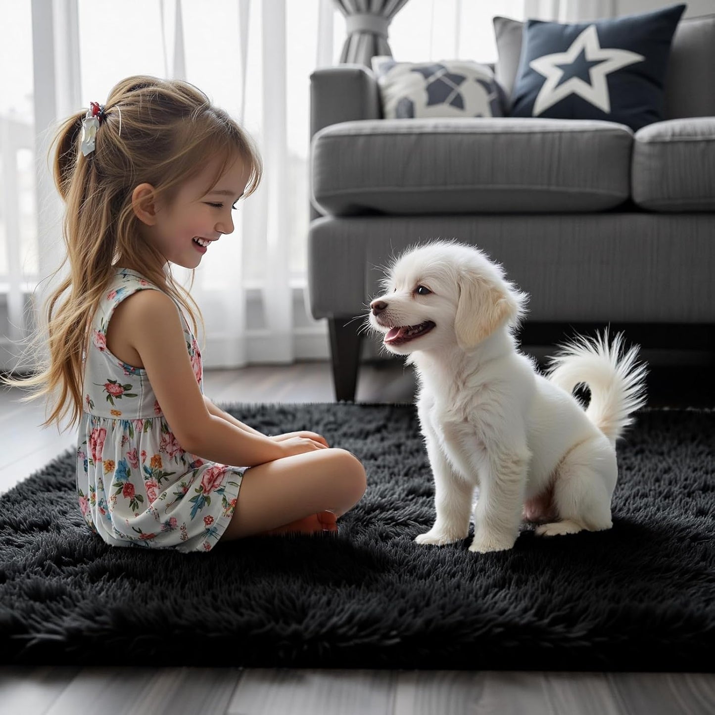 Small Area Rug - Modern Shag 2x3 Feet Black Bedroom Mat | Fluffy Carpet for Dorm Room Decor