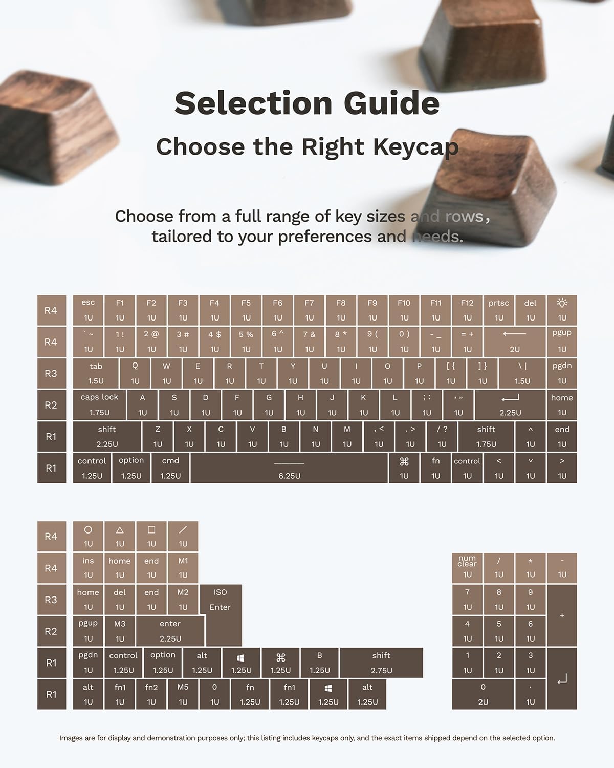Loha Custom Set, Sets (R4 1.00U (1-Key)) Black Walnut Wood Keycaps, Wooden Keycap for Mechanical Keyboard, OEM Profile
