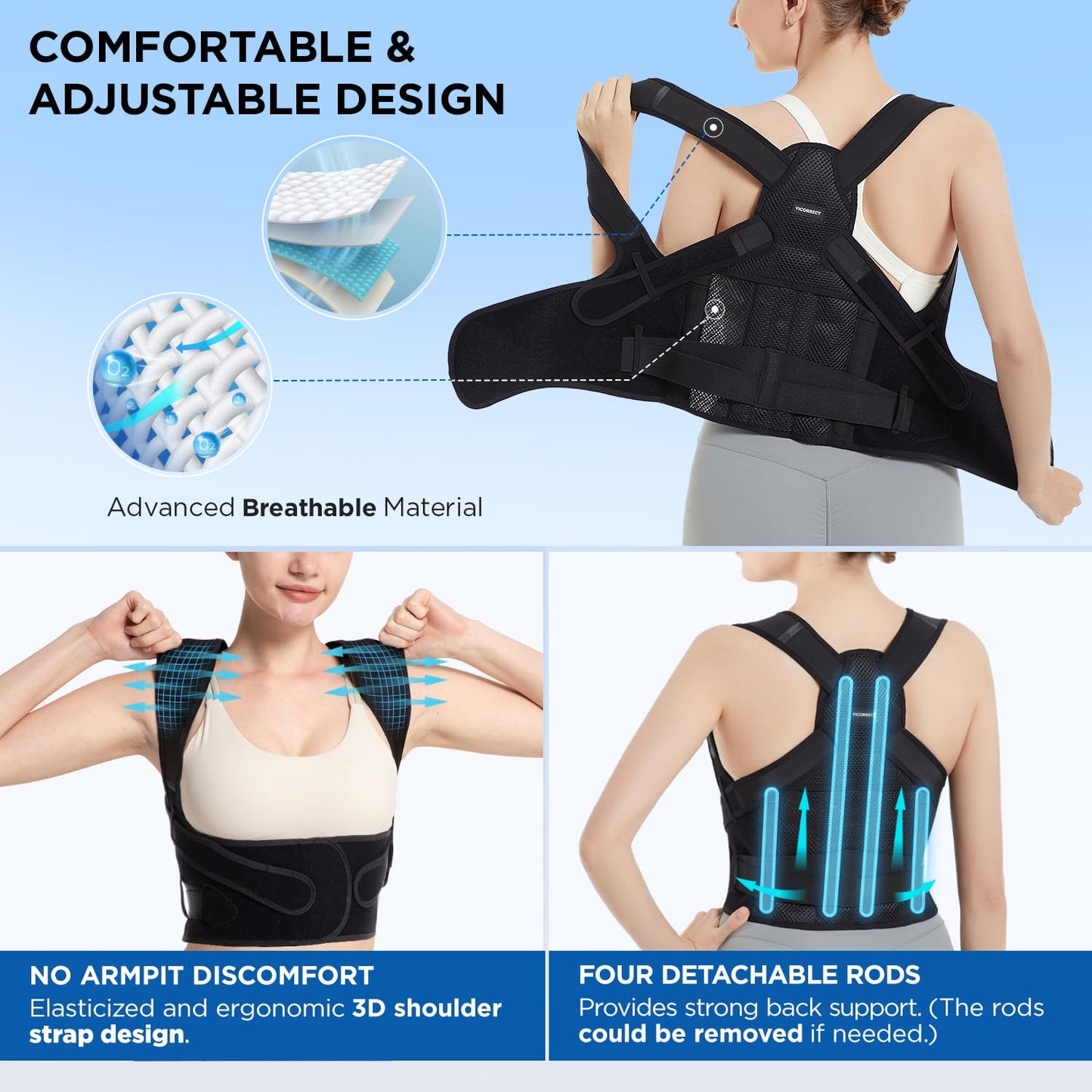 Vicorrect Posture Corrector for Women and Men: Back Support Brace Relieve Upper Back Shoulders Pain (Black, Large)