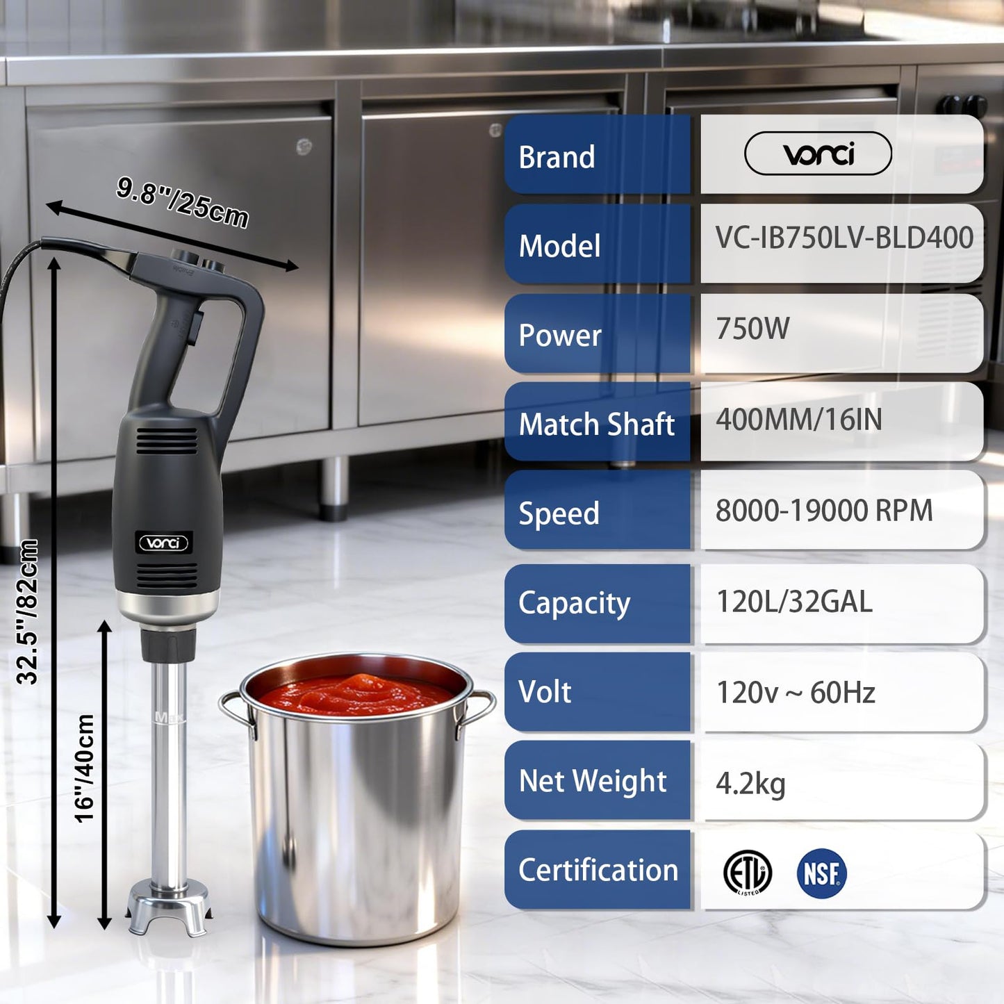 VONCI 750W Commercial Immersion Blender, Electric Hand Blender with 16" Detachable Shaft, Variable Speed 8000-19000RPM,Industrial Immersion Blender for Restaurant Kitchen.Extra Heavy Duty Hand Mixer.