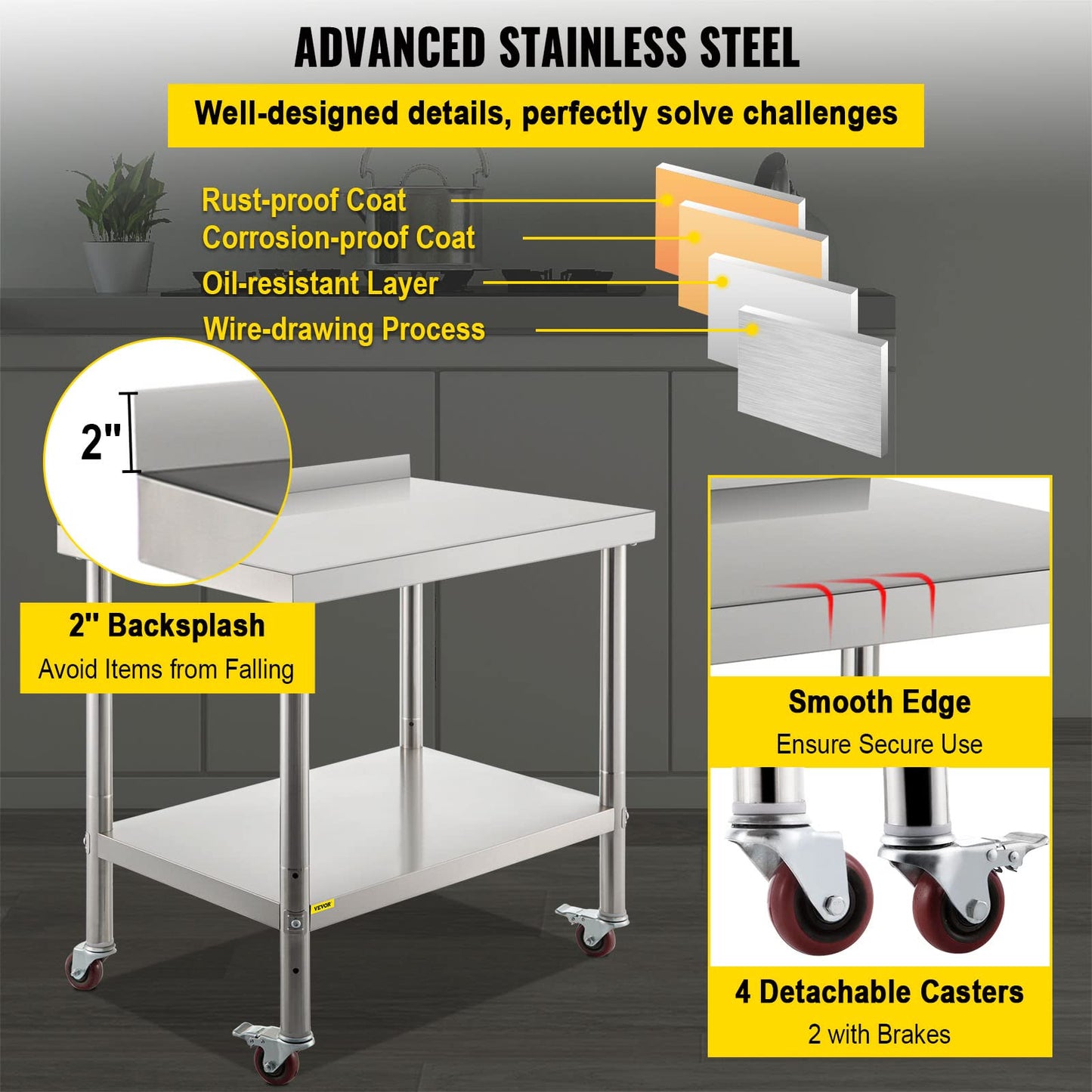 VEVOR Stainless Steel Prep Table, 36 x 24 x 35 Inch, 440lbs Load Capacity Heavy Duty Metal Worktable with Backsplash Adjustable Undershelf & 4 Casters, Commercial Workstation for Kitchen Restaurant