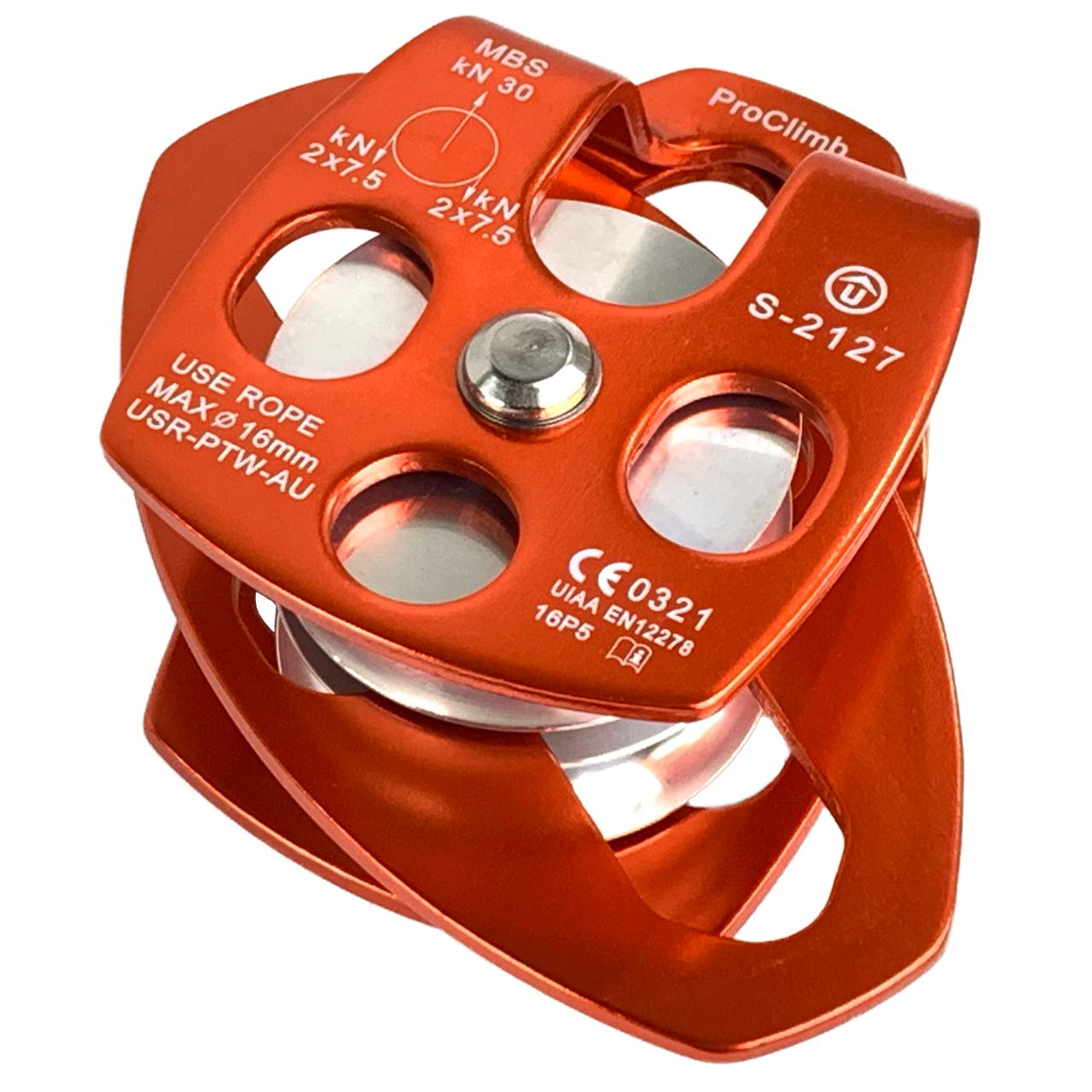 ProClimb 30kN Aluminum Rope Pulley with Swing Plate - CE/UIAA Certified, Double Sheave (Orange) - 5/8" Rope