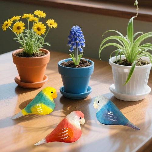 LWINGFLYER Hand-Carved Wooden Bird Figurines - Vibrant Miniature Statues for Home Decor (3PCS Parrot)