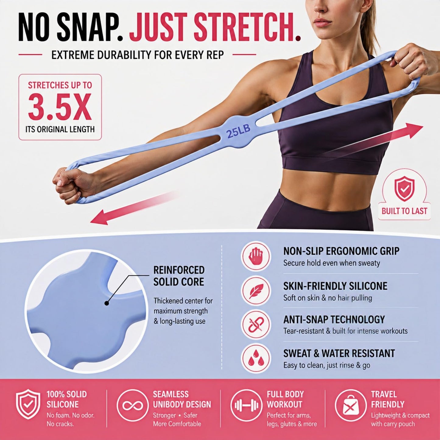 Figure 8 Resistance Bands for Women, 15 & 25 LB Silicone Workout Bands, No-Foam Washable Exercise Stretch Bands for Arms, Back, Glutes, Pilates and Home Gym