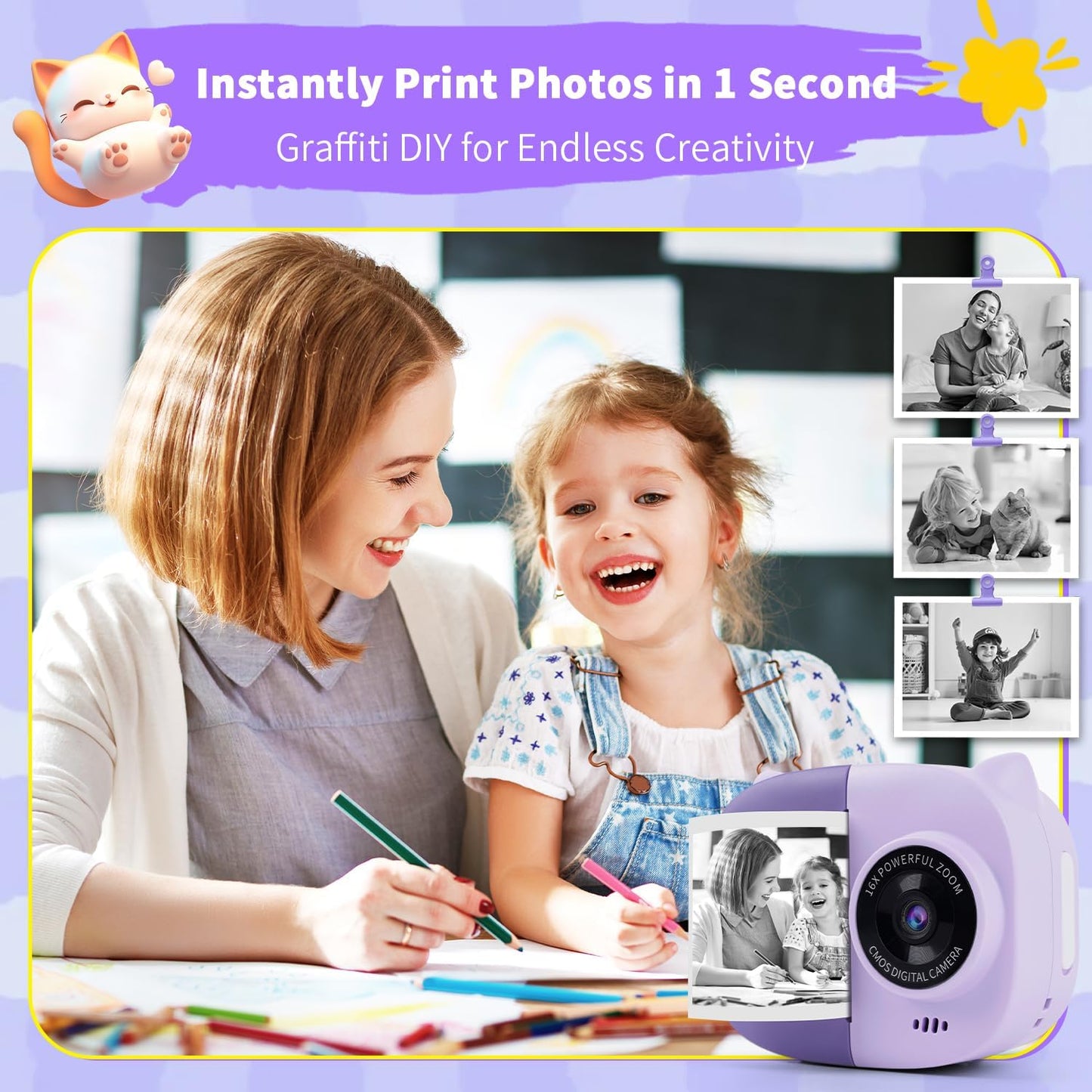 Rongta 1080P 3 4 5 6 7 8 Portable Instant Camera for Kids Print Photos Travel Digital Video Camera for Toddlers Year