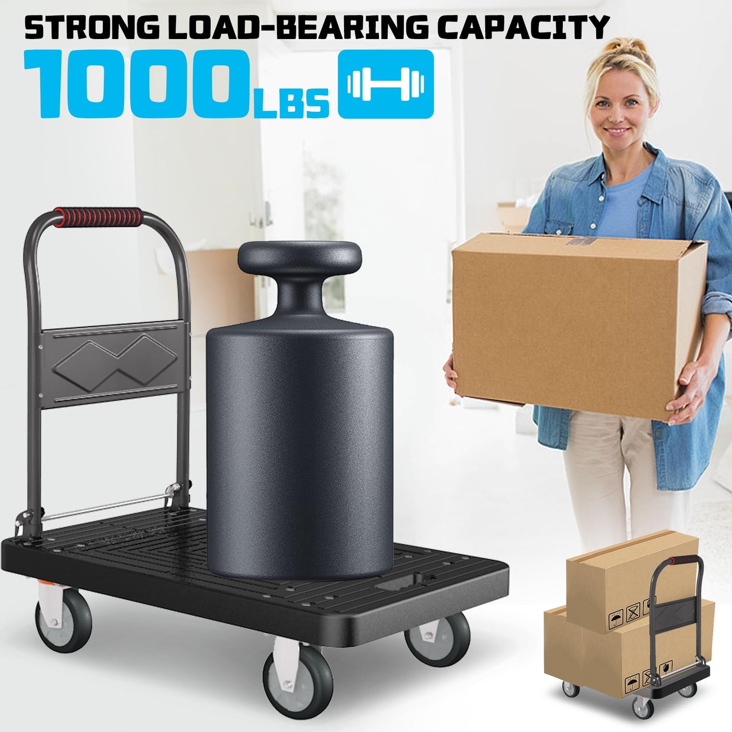 Platform Truck, Foldable Handcart with Swivel Wheel 34"x22" Heavy-Duty Push Dolly Cart,1000lbs Capacity, 6 Steel Load-Bearing Beams for Warehouse Garage Home Use