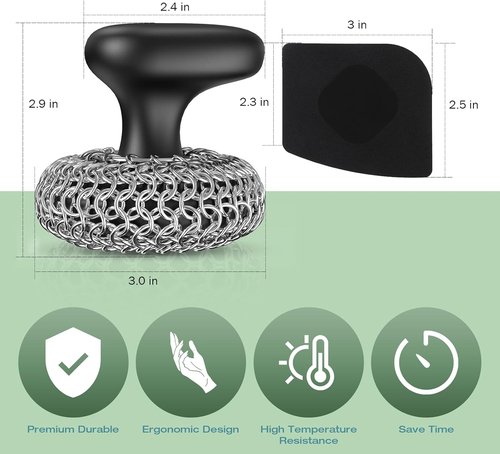 Cast Iron Scrubber - 316 Chainmail Dish Brush for Effective Skillet Cleaning | Dishwasher Safe, Black