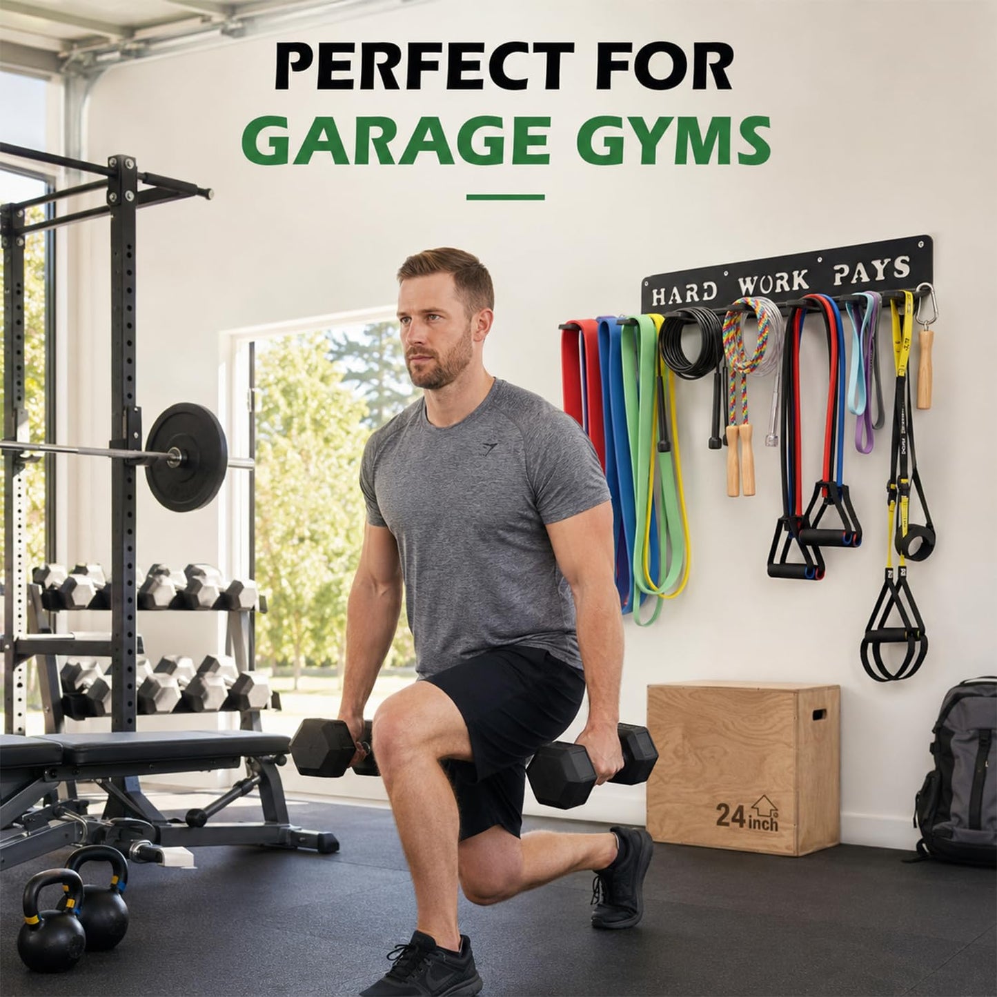 WIPHANY Home Gym Accessories Organization Storage Rack Equipment For Home 8 Hook Wall Hanger Display Gear Barbells Resistance Bands Jump Ropes Lifting Belt Hanger Accessories Hardware Included