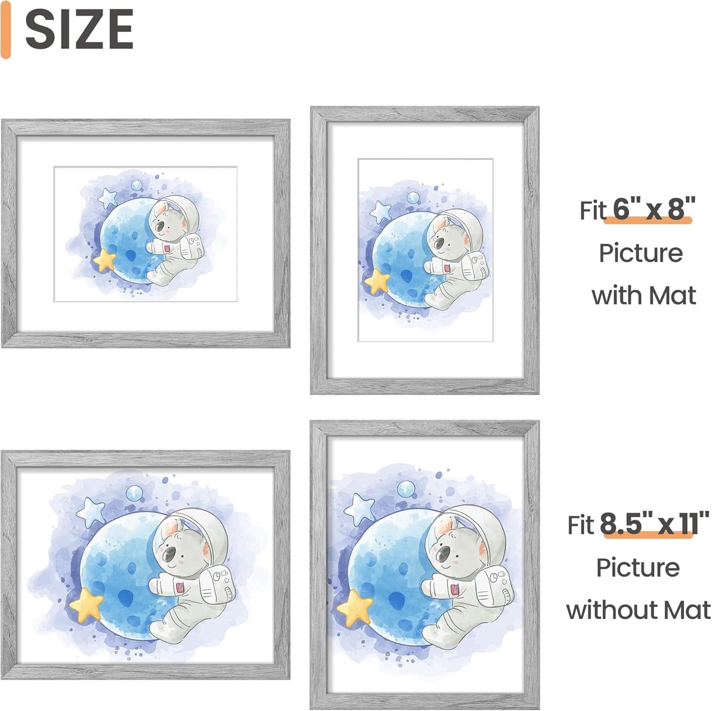 Upsimples Picture Frame - 8.5x11 Wall Display for 6x8 Photos with Mat or 8.5x11 Without Mat - Gray, 1 Pack