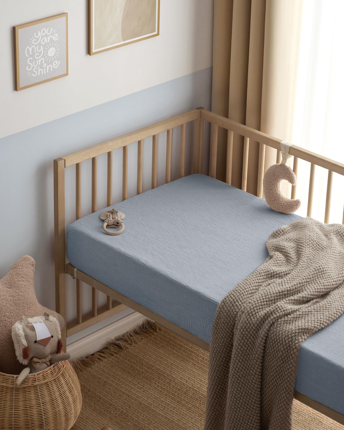 Blissful Diary Muslin Crib Sheets for Girl Boy, Boho Neutral Soft Cotton Baby Sheet for 52''x28'' Standard Crib Mattress, 2 Pack(Light Blue&Grey)