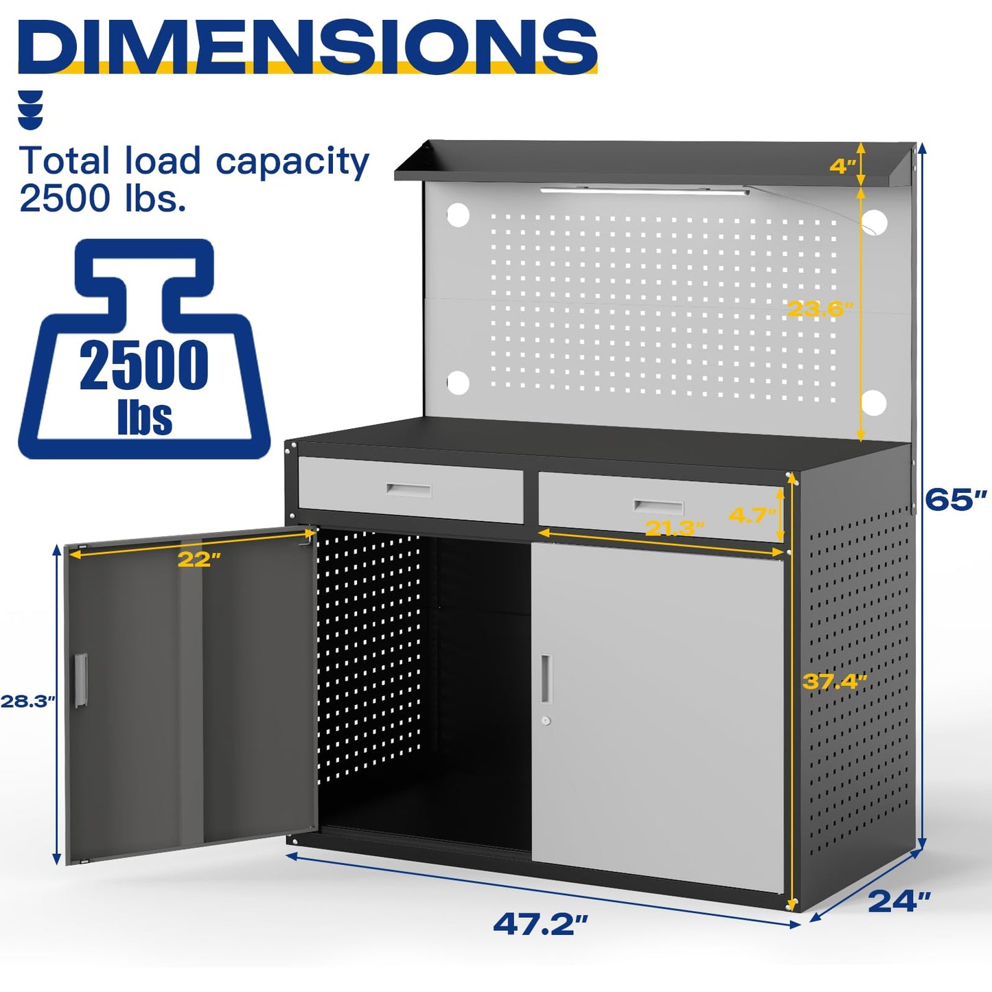 Eltean 48" Work Bench,Heavy Duty 2500 LBS Capacity Workbench with Drawers and Storage,Work Table with Light & Pegboard,Work Benches for Garage
