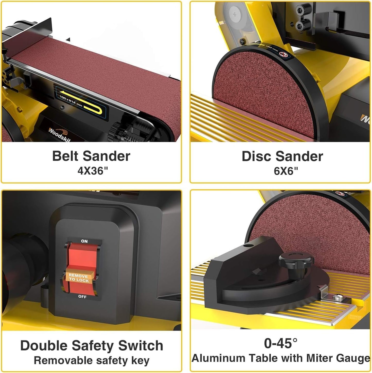 Woodskil 4.3A Belt Sander, 4 x 36 in. Belt & 6 in. Disc Sander, Double Dust Exhaust Port, Steel Base, 2Pcs Sandpapers Included