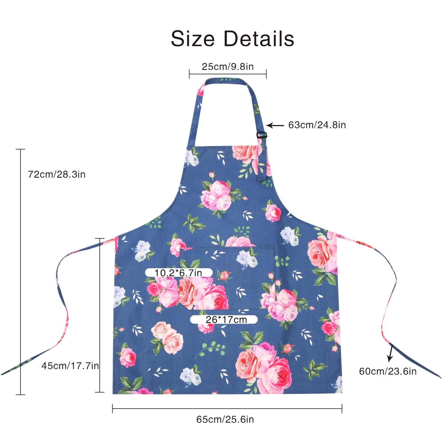 QuQuRuan Floral Apron for Women with Pockets Cotton Canvas Waterproof Apron Cooking Baking Painting Gift (Blue and Red)