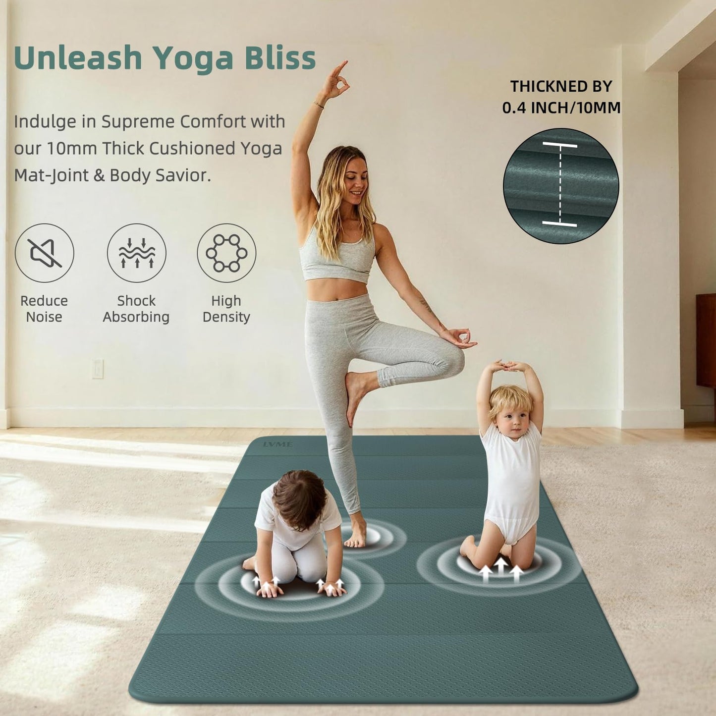 Large Yoga Mat, 74"x47.2" Extra Wide & Long Foldable Yoga Mat, 0.4" Thick Folding Yoga Mat, 2-Person Workout Mat for Home Gym, Extra Large Non-Slip Fitness Mat for HIIT, Yoga, Stretching, Portable Design for Easy Storage
